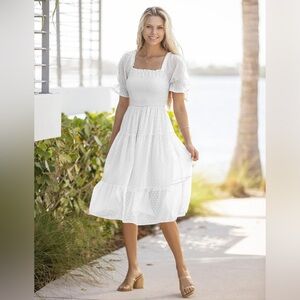 MEROKEETY Square Neck Puff Sleeve Boho Midi Dress-Tie Back Dr
